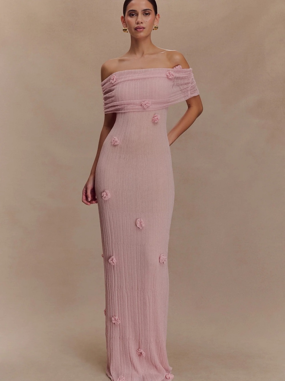 Meshki Blush Pink Off-Shoulder Floral Maxi Dress